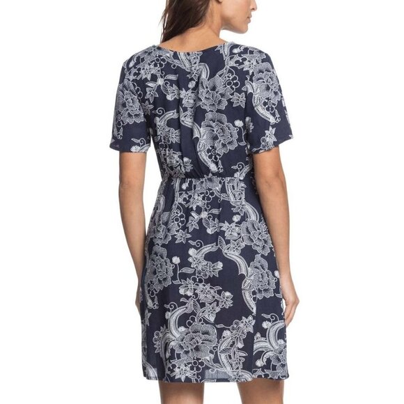 NWT ROXY Summer on Top Floral Tie Front A-line Dress Small Navy Indigo - Picture 2 of 4